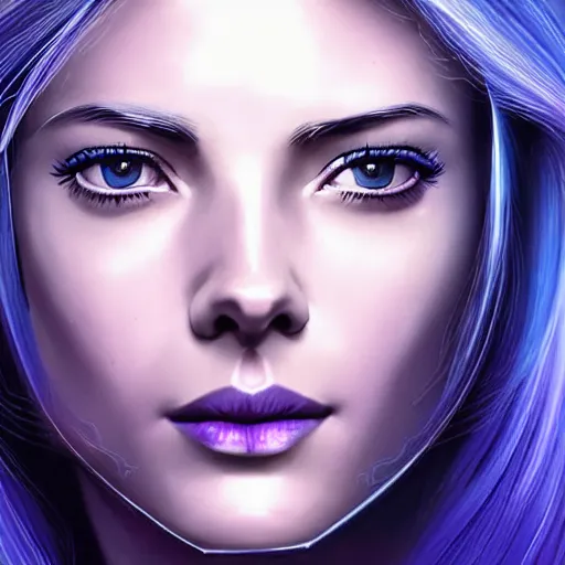 Image similar to A combination of Grace Kelly's and Katheryn Winnick's and Ashley Greene's faces with blue skin and short violet hair as Cortana from Halo, cyberpunk style, synthwave aesthetic, fantasy, intricate, elegant, highly detailed, digital painting, artstation, concept art, matte, sharp focus, illustration, half body portrait, anime style, art by Artgerm and Greg Rutkowski and Alphonse Mucha