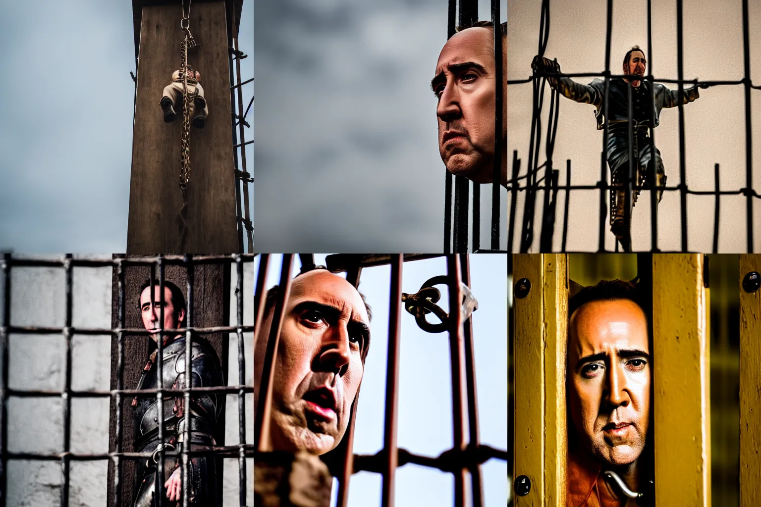 Prompt: Photo of Nicholas Cage imprisoned in a medieval gibbet of metal XF IQ4, f/1.4, ISO 200, 1/160s, 8K, in-frame