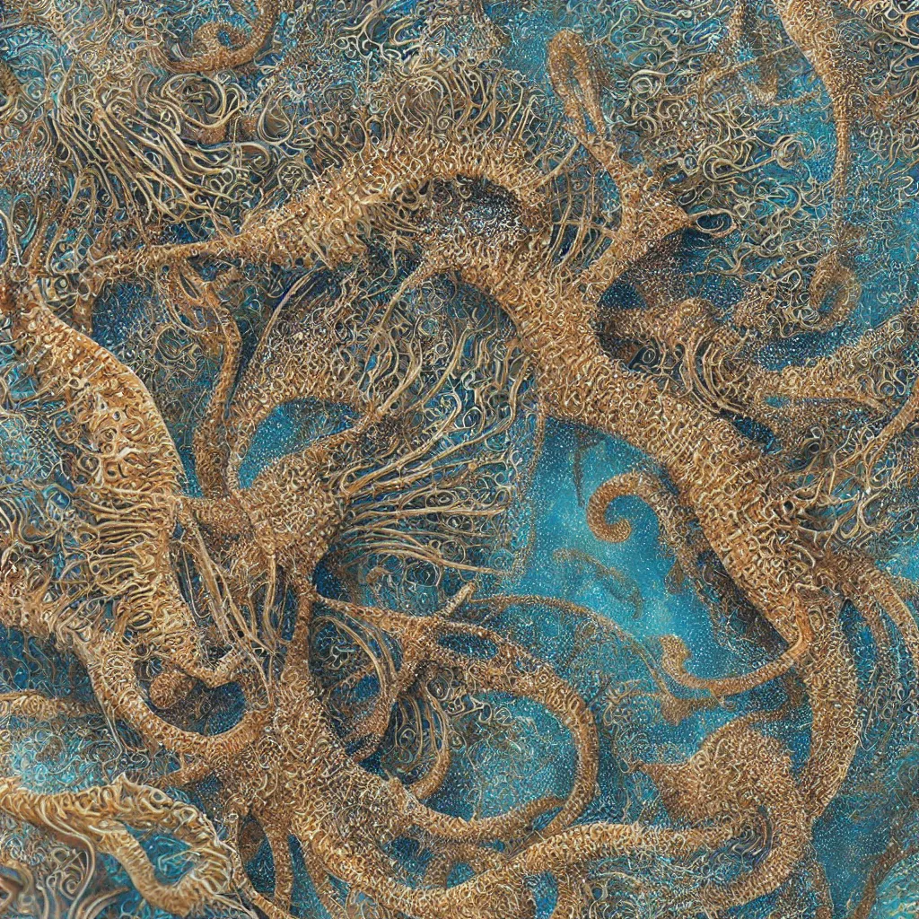 Image similar to complex sea horse by ernst haeckel, closeup, fractal engravings,, realistic cinema 4 d render, beach sand background, clear focus, very coherent, very detailed