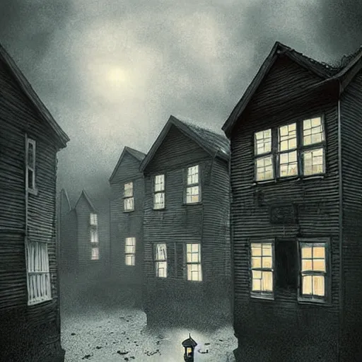 Prompt: Stunning 35mm empty town by Ejsing, Jesper. Full of ghostly children floating above the houses, photography, surrealism, dark, fantasy, Crewdson, Gregory