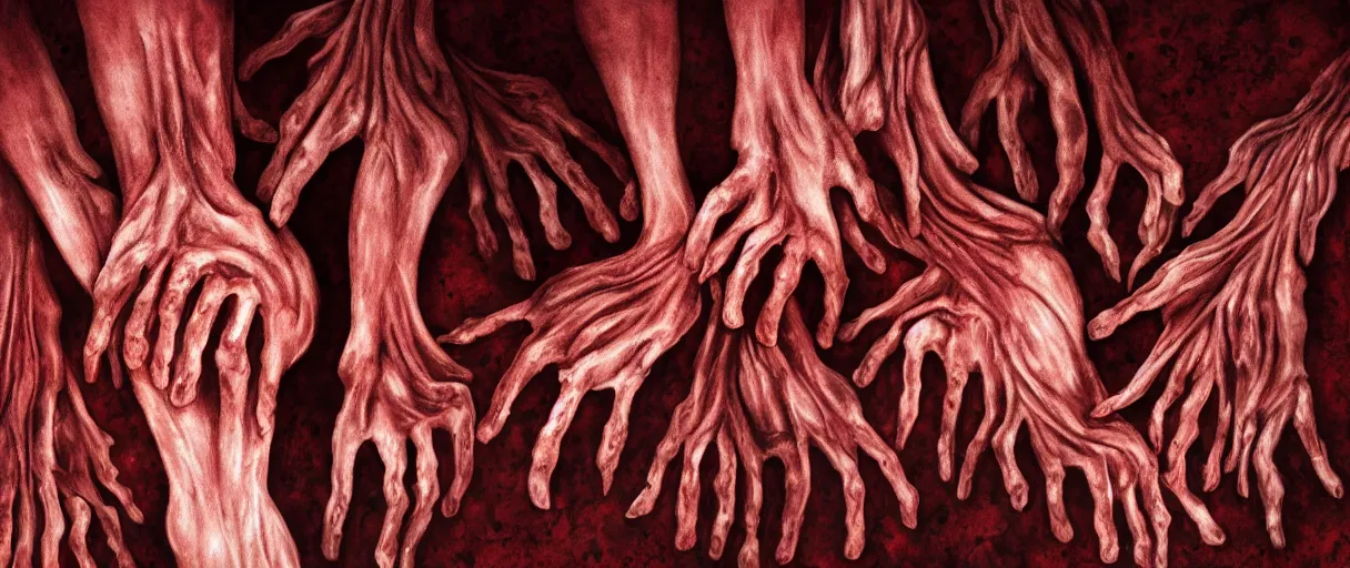 Image similar to human body entirely made up of feet, horror, scary, dark, nightmare, detail, high detail, red colors