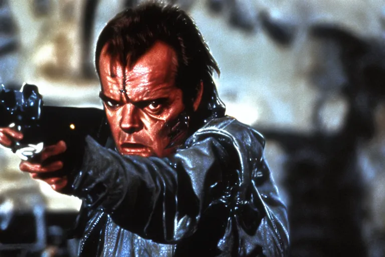 Prompt: Jack Nicholson plays Terminator, scene where he saves Sarah Connor, still from the film