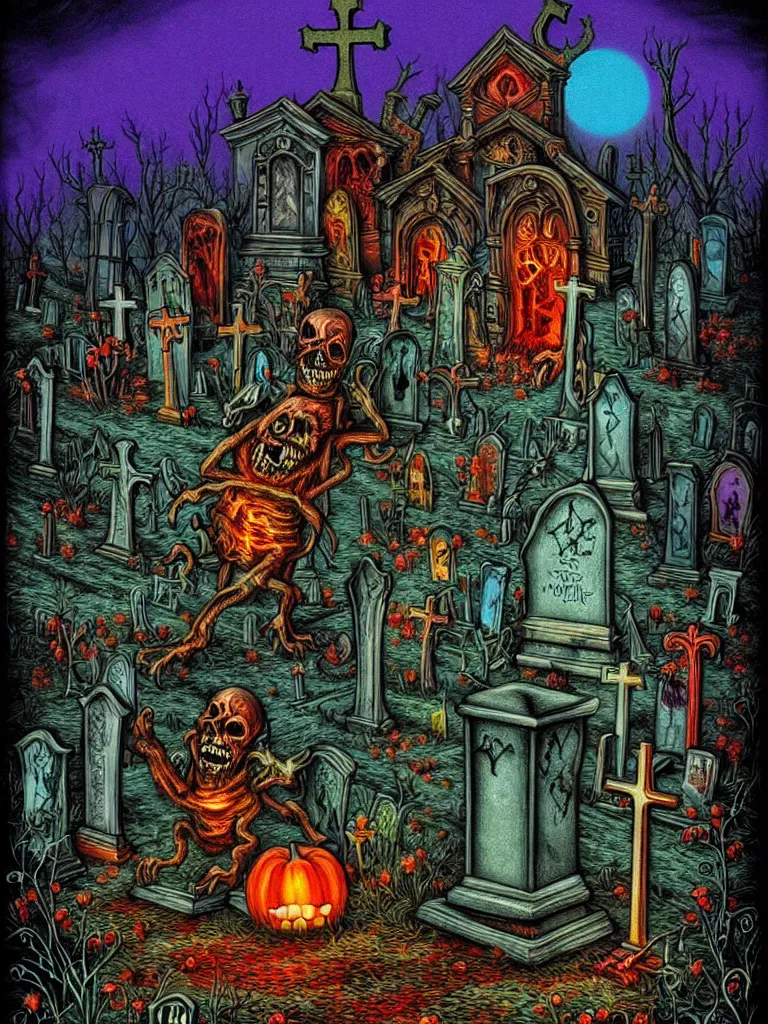 Prompt: Vibrant Colorful Highly Detailed Vintage Horror Illustration of a Nightmare Monster Emerging from a Cemetery with Grave Stones Surrounding. Glowing , Spooky lighting , Pinterest