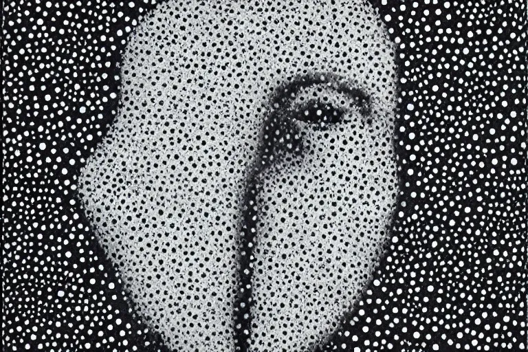 Image similar to face made out of mist, faceless people dark, dots, drip, stipple, pointillism, technical, abstract, minimal, style of francis bacon, asymmetry, pulled apart, cloak, hooded figure, made of dots, abstract, balaclava