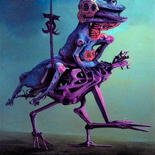 Image similar to muppet frog horseman riding a glowing baroque unicorn skeleton, foggy night, in style of tarot card, painting by beksinski, part by adrian ghenie and neo rauch, in color palette of francis bacon, eerie, mystical, sublime