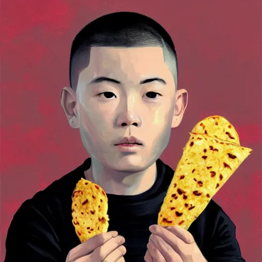 Prompt: dramatic portrait of chinese boy buzz cut, holding a taco, digital painting