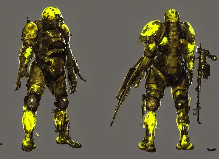 Prompt: biopunk heavily armoured soldier with glowing yellow eyes, concept art, military art, unreal engine, artstation, award winning