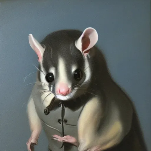 Image similar to sugarglider in a suit 1 5 9 5, a dnd fantasy, chiaroscuro medieval sugarglider, devilish lighting, sugarglider animal perfect epic painting. official portrait, dnd character painting by gibbs - coolidge. oil on canvas, wet - on - wet technique, underpainting, grisaille, chiaroscuro realistic. restored face.