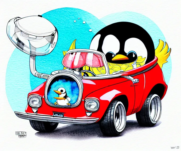 Prompt: cute and funny, penguin wearing a helmet riding in a tiny hot rod with an oversized engine, ratfink style by ed roth, centered award winning watercolor pen illustration, isometric illustration by chihiro iwasaki, edited by range murata, tiny details by artgerm and watercolor girl, symmetrically isometrically centered, sharply focused