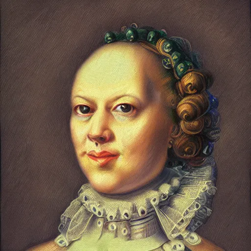 Prompt: deepdream portrait of a female scientist who is also a robot, rococo style