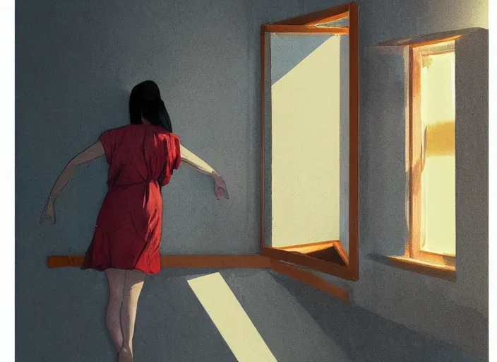 Image similar to famous asian actress girl dropping the shadow of her desires on the wall of empty house with a light from a window creating dreams, style of James Jean, Edward Hopper, Francis Bacon, colors of Mark Rothko, Frank Auerbach, trending on artstation, Greg Rutkowski, dark atmosphere