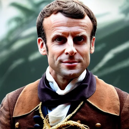 Image similar to emmanuel macron in pirates of the caribbean movie, full body shot, highly - detailed, sharp focus, award - winning