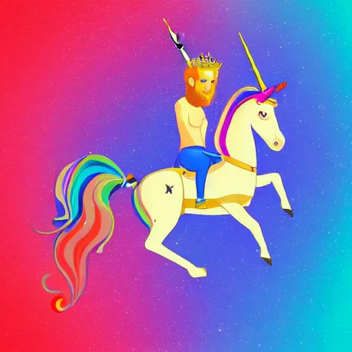 Prompt: felix kjellberg riding a unicorn, pointing, wearing a crown, paradise landscape, vivid colors, pastelle, digital art, trending on artstation