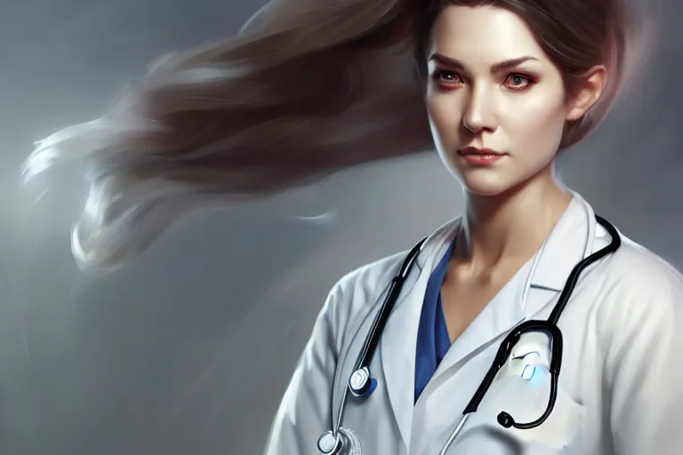 Image similar to an elegant and beautiful female doctor in a white coat in a ward, cinematic, highly detailed, digital painting, artstation, concept art, matte, sharp focus, illustration, art by artgerm and greg rutkowski