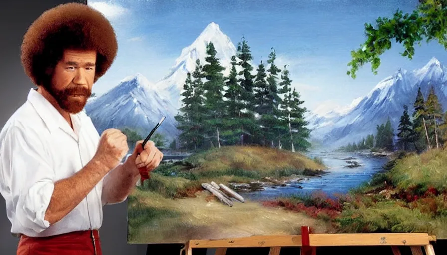 Image similar to bob ross snorting a fat line of cocaine with a beautiful landscape painting on an easel behind him