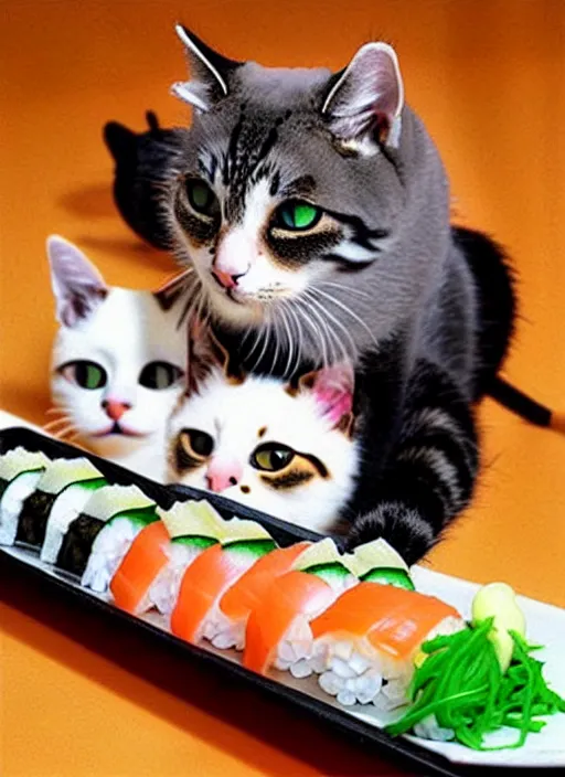 Image similar to clear photorealistic picture of adorable cats made out of sushi