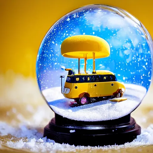 Prompt: yellow submarine inside a snowglobe on a table, photograph