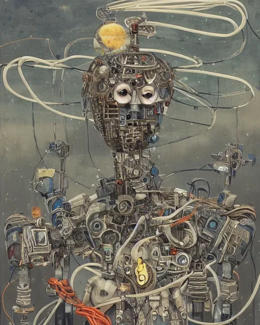 Prompt: Kuniyoshi portrait of a robot saint made of cables and robotic pod by peter mohrbacher