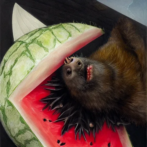 Prompt: realistic fluffy bat falls from the ceiling to eat a triangle slice of watermelon in the museum, highly detailed, sharp focus, oil painting, artwork by Victor Adame Minguez + Lovell + Sandro Botticelli