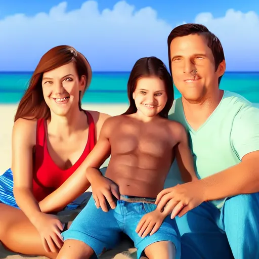 Prompt: happy family poses portrait on beach, realistic faces, realistic shaded perfect face, extremely fine details, realistic shaded lighting, 8 k ultra realistic