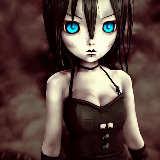 Image similar to full shot portrait of angry darkness anime girl at moonlight, gothic wearing, worrying eyes, inspired by Tim Burton, detailed, unreal engine 4k volumetric light, fog,