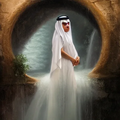 Image similar to beautiful Arab woman, white transparent veil black hair, bathing in a waterfall, ethereal, emotive, fine art, water mist, mystical, Romanticism, natural light, elegant, intricate, fantasy, atmospheric lighting, cinematic, matte painting, detailed face, by Greg Rutkowski