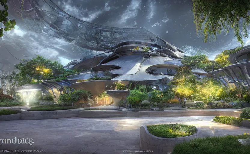 Prompt: Futuristic police station with beautiful and magical garden. By Frank Lloyd Wright, concept art, inrincate, sharp focus, digital painting, unreal engine, cgsociety, neoclassical, mech, robot, fractal flame, cinematic, highly detailded