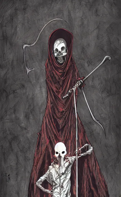 Image similar to the grim reaper has a new scary scythe, masterpiece digital painting by James Jean, John Romita Junior, John Romita Senior, 4k wallpaper, Silent Hill concept art, surreal art style, Moebius, Junji Ito