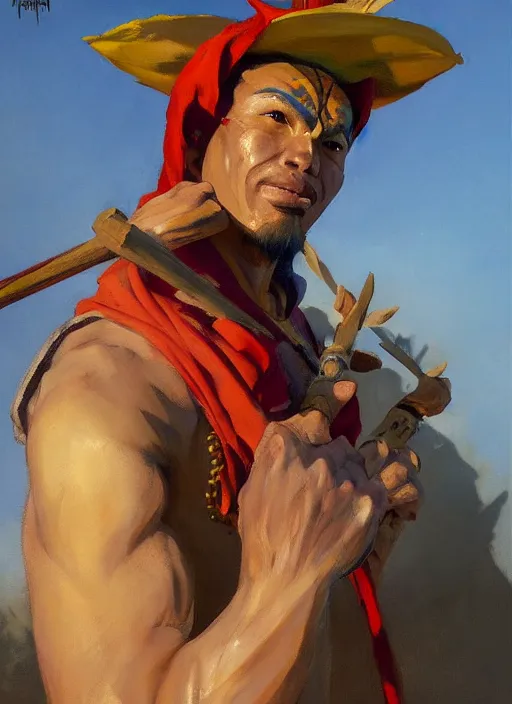 Prompt: greg manchess side portrait of a filipino fighter with a jester hat and a scepter, organic painting, sunny day, matte painting, bold shapes, hard edges, street art, trending on artstation, by huang guangjian, gil elvgren, ruan jia, randy vargas, greg rutkowski