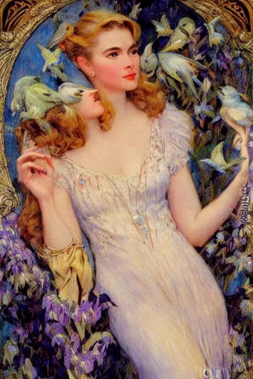 Image similar to Grace Kelly explaining the birds and the bees in the style of Gaston Bussière, art nouveau, art deco