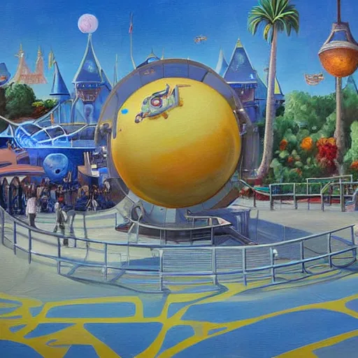 Prompt: the astro orbiter ride at disneyland melting in the heat, surreal painting, high detail