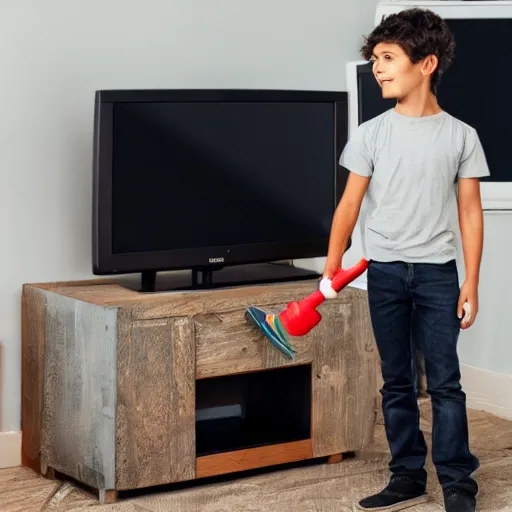 Prompt: photo of a kid smashing his tv