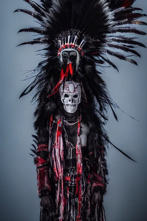 Image similar to the ghost - spirit of the grim - warpaint wears the scarlet skull armor and native blood headdress feathers, midnight fog - mist!, cinematic lighting, various refining methods, micro macro autofocus, ultra definition, award winning photo