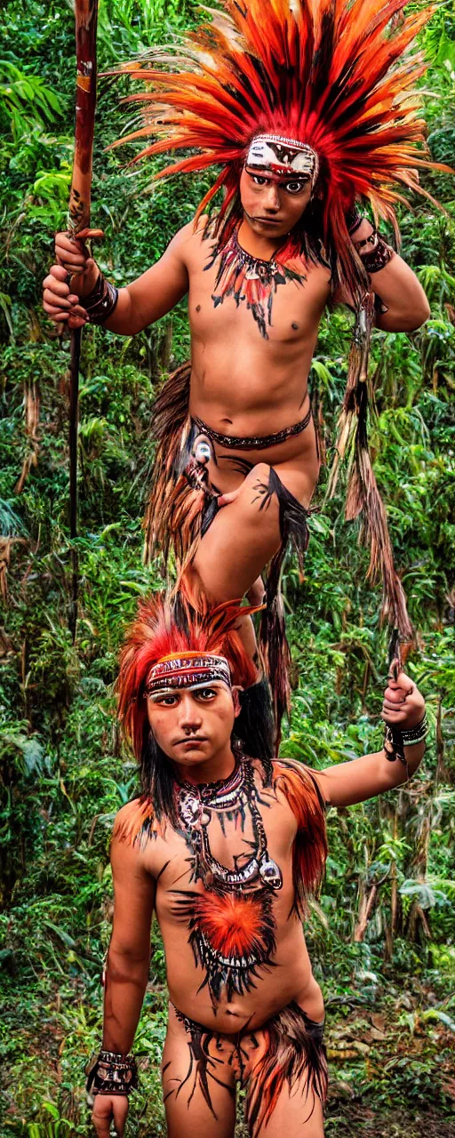 Image similar to teenager, flaming hair, indigenous body paint, Amazon indigenous ornaments, Amazon tribes clothing, Amazon rainforest background, crescent moon, night, angry, red eyebrows, action pose, holding spear, anime artstyle