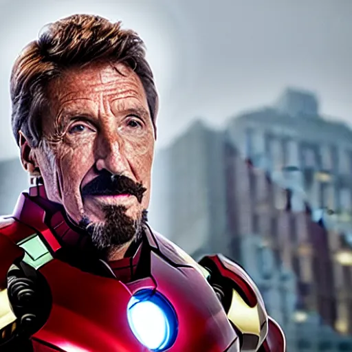 Prompt: John McAfee as IronMan, marvel studios, gray hair, full shot, film still