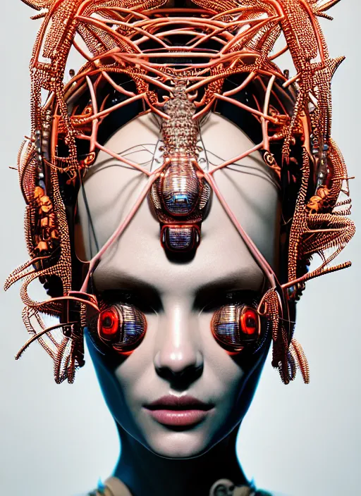 Image similar to portrait of an absurdly beautiful, graceful, sophisticated, fashionable cyberpunk mechanoid, hyperdetailed illustration by irakli nadar and alexandre ferra, intricate linework, white porcelain skin, faberge, coral headdress, unreal engine 5 highly rendered, global illumination, radiant light, detailed and intricate environment