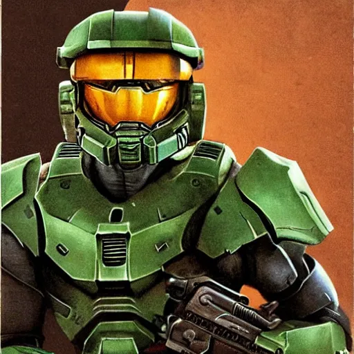 Image similar to master chief in the style of norman rockwell