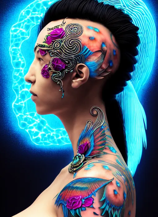 Image similar to 3 d goddess with tattoos profile portrait, sigma 5 0 0 mm f / 5. beautiful intricate highly detailed quetzalcoatl skull and feathers. bioluminescent, plasma, lava, ice, water, wind, creature, thunderstorm! artwork by tooth wu and wlop and beeple and greg rutkowski, 8 k trending on artstation,