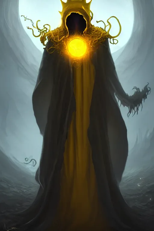 Image similar to A full body portrait of a mysterious character with no face with a very long hooded yellow cloak, a golden crown floating above his head tentacles coming out the ground art by James Paick, and Shaddy Safadi, ominous, cosmic horror, trending on artstation, Ultra detailed, hyper realistic 4k