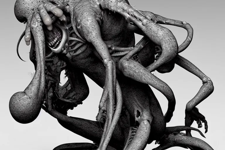 Image similar to a squid monster eating a person, john carpenter, eighties practical horror special effects, cosmic horror, protruding bones, trending on zbrush central, neoplasticism, lovecraftian, zbrush, biomorphic, nightcafe