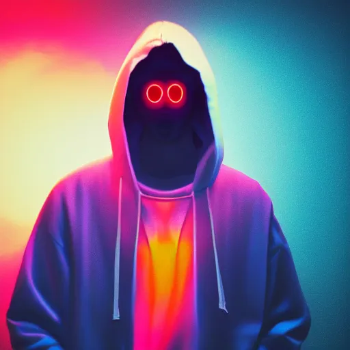 Image similar to ghost in hoodie, portrait, vaporwave, synthwave, neon, vector graphics, cinematic, volumetric lighting, f 8 aperture, cinematic eastman 5 3 8 4 film, photorealistic