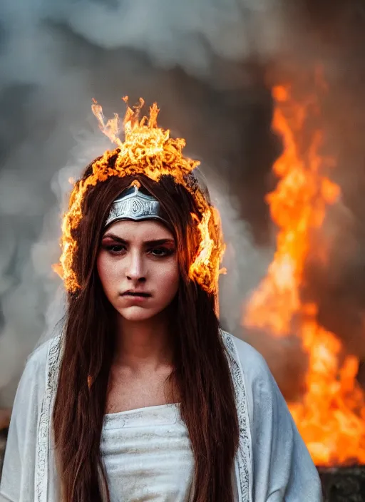 Image similar to Portrait of a beautiful priestess from the oracle of Delphi, looking into the flames, greek mythology, high face detail, Photography, dramatic lighting, Sony A7III, 85mm, f1.4,