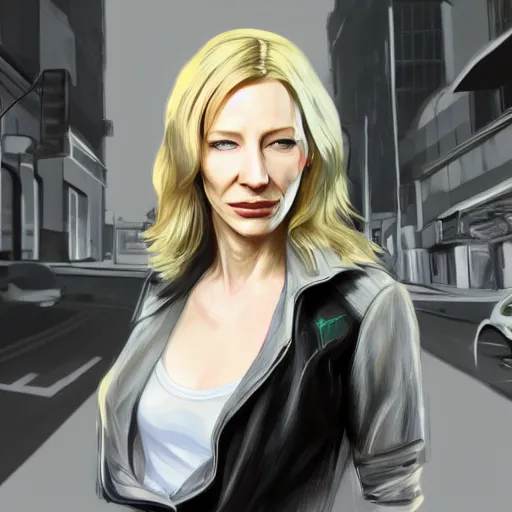 Image similar to concept art of cate blanchett in grand theft auto V, gaming, detailed, 4k