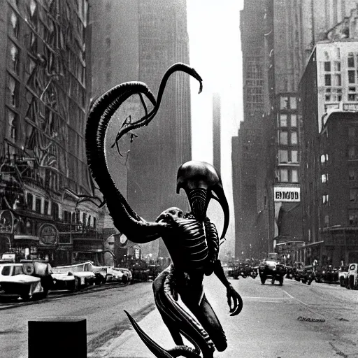 Prompt: old black and white photo, 1 9 3 3, depicting a xenomorph from the movie aliens rampaging through the bustling streets of new york city, historical record