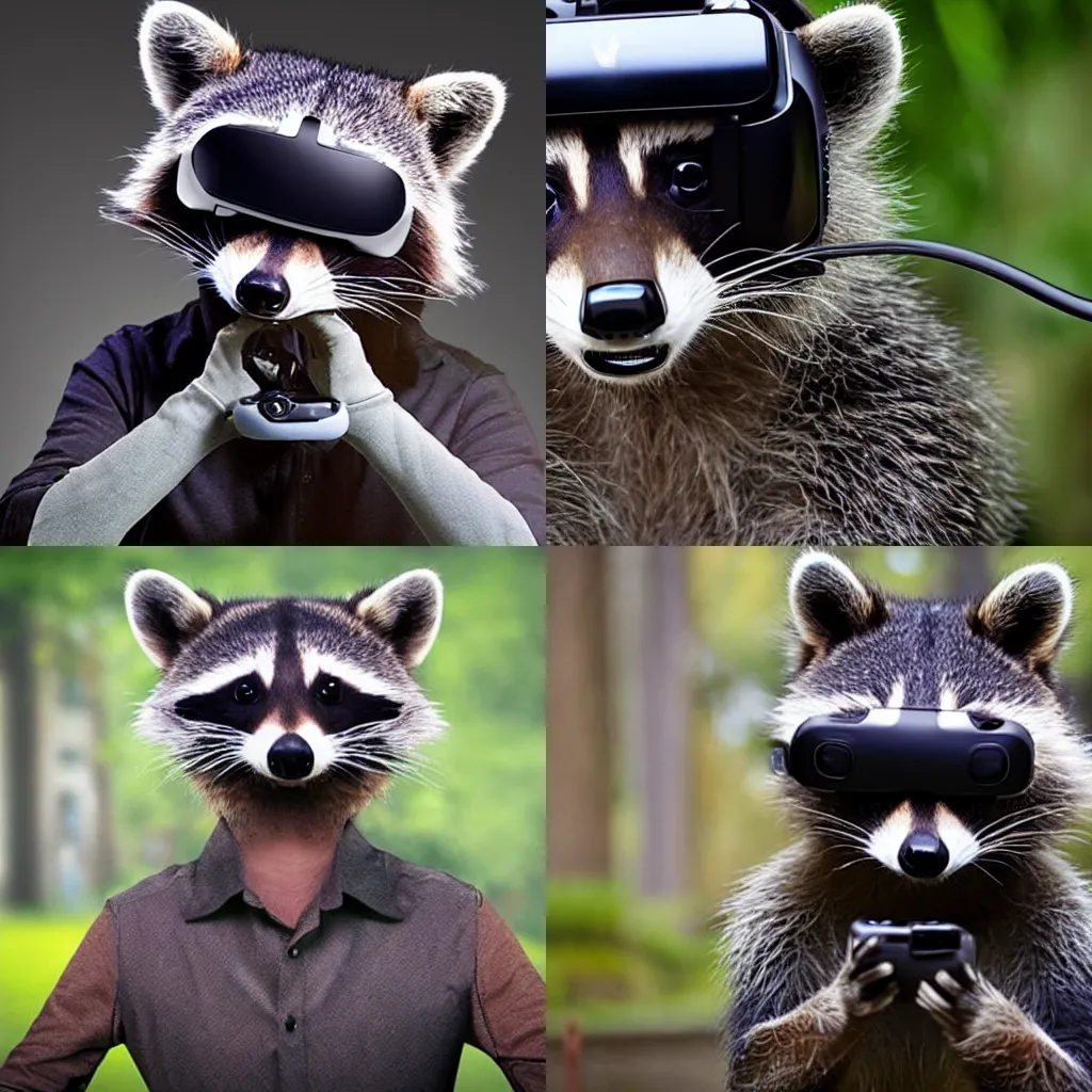 Prompt: a raccoon wearing a VR headset and gloves