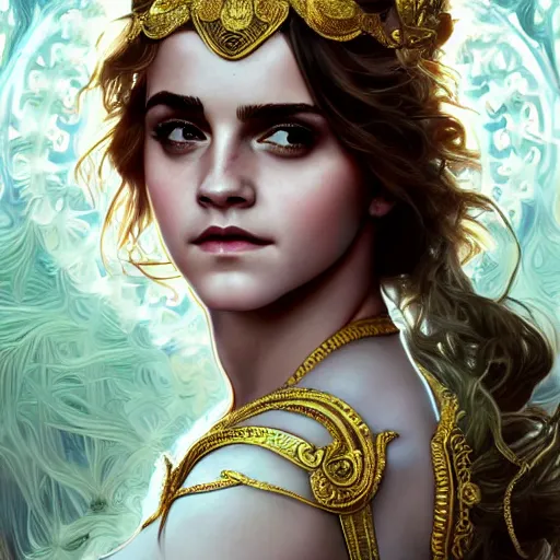 Image similar to Emma Watson as a Greek Goddess, cute, fantasy, intricate, elegant, highly detailed, digital painting, 4k, HDR, concept art, smooth, sharp focus, illustration, art by artgerm and H R Giger and alphonse mucha