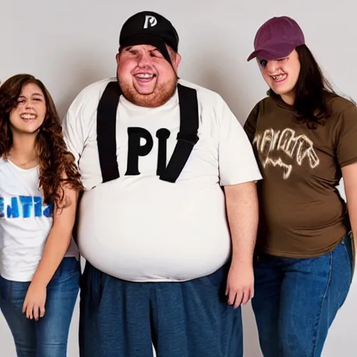Prompt: very obese man with a t-shirt and a cap with the letter P, with his brunette wife and two daughters