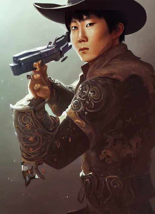 Prompt: a highly detailed illustration of korean man as cowboy wearing black cowboy hat, dramatic wielding gun pose, perfect face, intricate, elegant, highly detailed, centered, digital painting, artstation, concept art, smooth, sharp focus, league of legends concept art, wlop