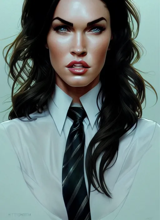 Image similar to portrait of megan fox as business woman, black suit, white shirt, necktie, city, intricate, headshot, highly detailed, digital painting, artstation, concept art, sharp focus, cinematic lighting, illustration, art by artgerm and greg rutkowski, alphonse mucha, cgsociety