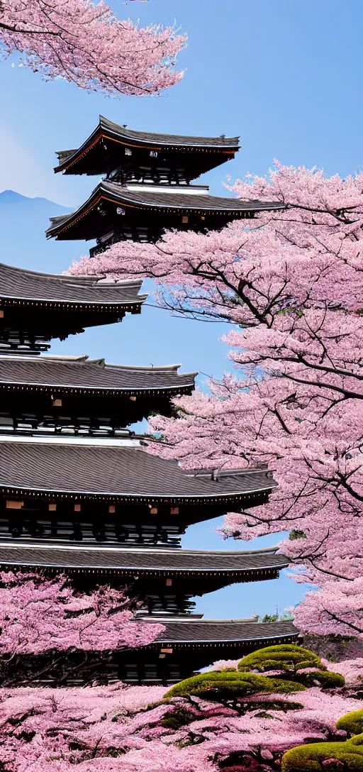 Prompt: a Shinto temple surrounded by a Sakura garden, mount Fuji in the background, stunning japanese aesthetics, studio photography, highly detailed